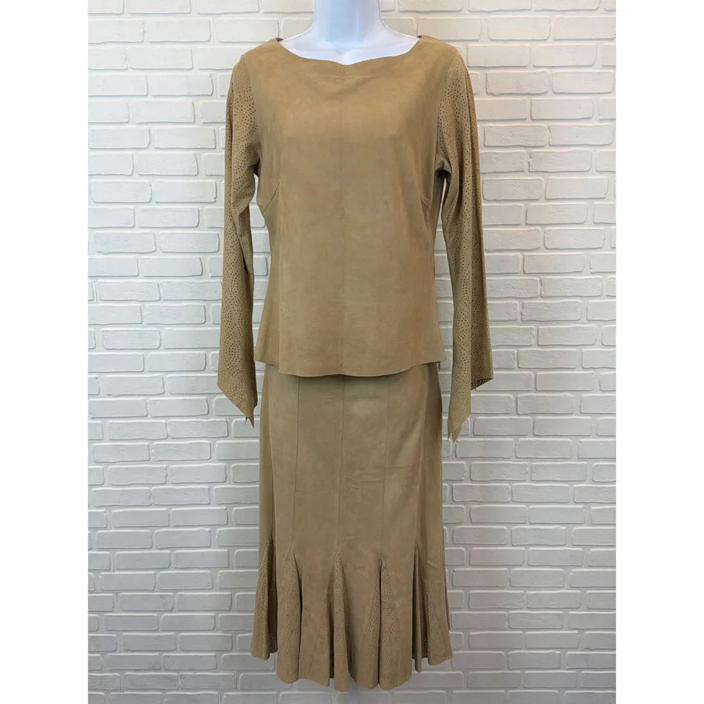 Vintage Chester Suede Set Tan Perforated Western Top & Flared Skirt M/S